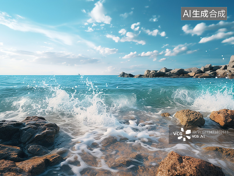 【AI数字艺术】海浪与礁石，前景对焦，图片素材