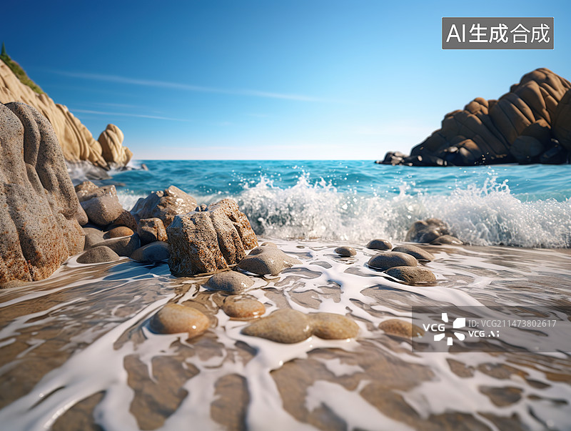 【AI数字艺术】海浪与礁石，前景对焦，图片素材