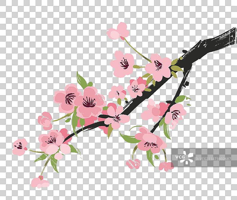 一簇桃花盛开手绘元素图片素材