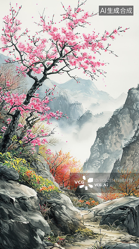 【AI数字艺术】春天户外田园风景水墨画图片素材