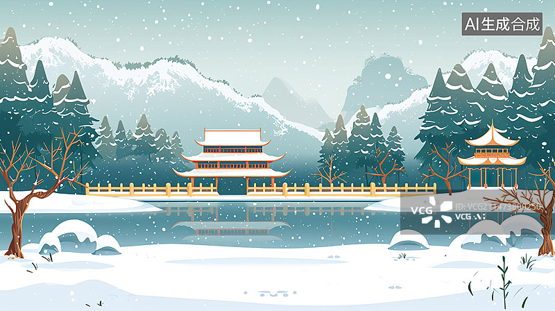 【AI数字艺术】冬天雪景中国传统山水画亭台楼阁新中式极简风格国潮风格壁纸海报背景图片素材