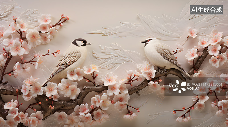 【AI数字艺术】国风樱花与杜鹃鸟图片素材
