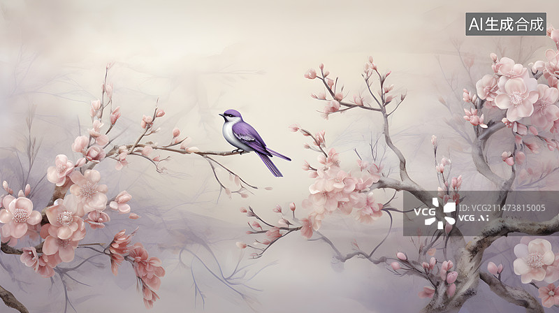 【AI数字艺术】国风樱花与杜鹃鸟图片素材