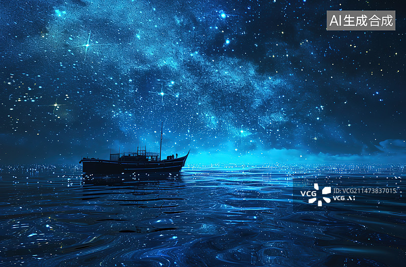 【AI数字艺术】星空下的渔船图片素材