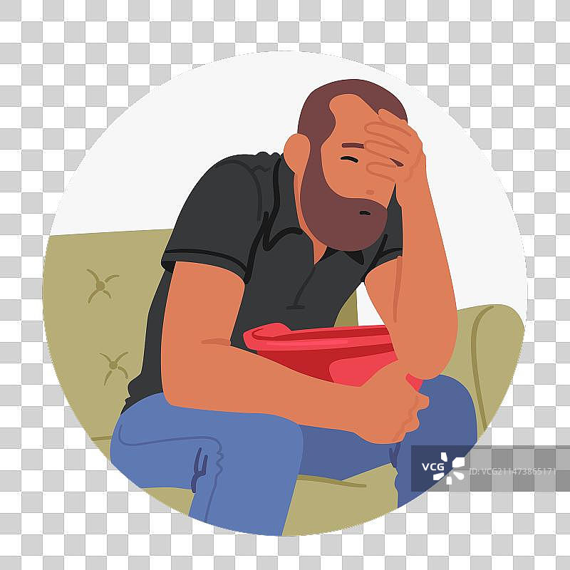 脸色苍白的男人抱着盆，感觉不适，冒着汗图片素材