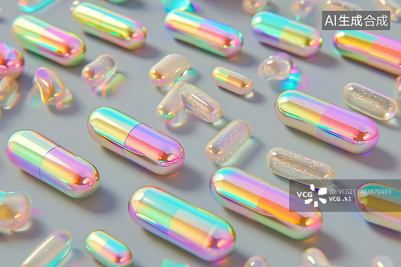 【AI数字艺术】桌子上的彩色药丸特写镜头图片素材