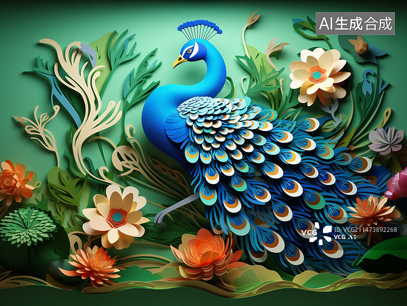 【AI数字艺术】剪纸孔雀图片素材