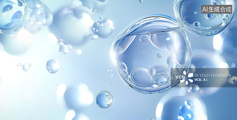 【AI数字艺术】蓝色柔和背景上的各种水滴。化妆品特写的质地。凝胶、血清、面部精华样本图片素材