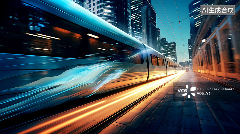 【AI数字艺术】飞速移动行驶高速铁路，未来发展交通工具概念图片素材