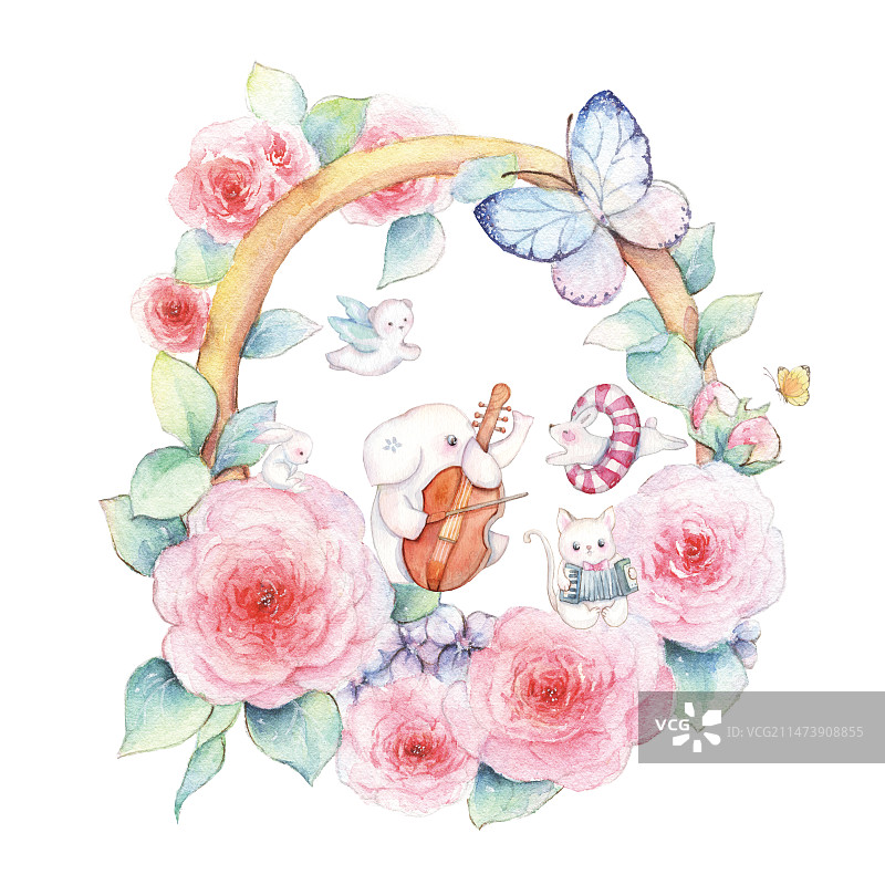 白色背景上水彩手绘清新花朵上可爱的小动物精灵音乐会特写镜头图片素材