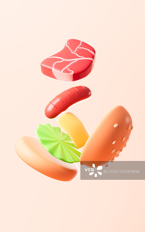 卡通香肠肉类汉堡3D渲染图片素材