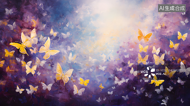 【AI数字艺术】油画棒油画浪漫的紫色背景中的花丛花簇和飞舞的蝴蝶图片素材