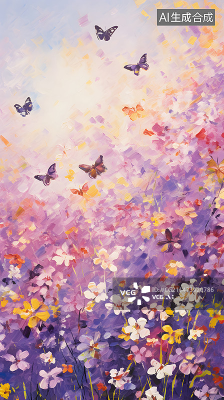 【AI数字艺术】油画棒油画浪漫的紫色背景中的花丛花簇和飞舞的蝴蝶图片素材