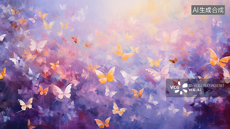 【AI数字艺术】油画棒油画浪漫的紫色背景中的花丛花簇和飞舞的蝴蝶图片素材