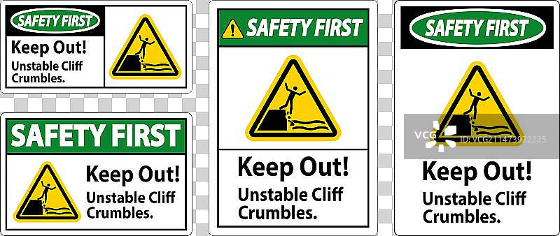 安全第一标志：远离不稳定悬崖，谨防崩塌图片素材