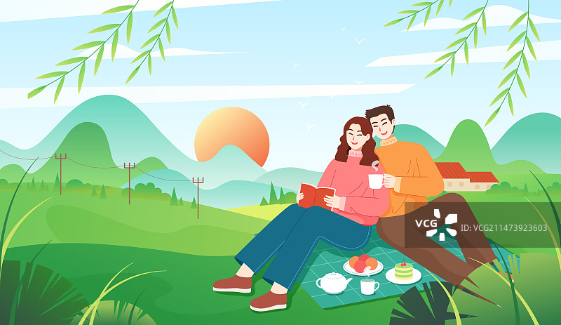 春天情侣出游野餐矢量插画图片素材