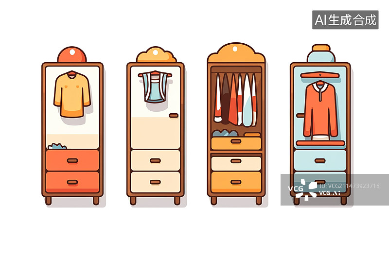 【AI数字艺术】衣柜元素卡通插画图标白色背景图片素材