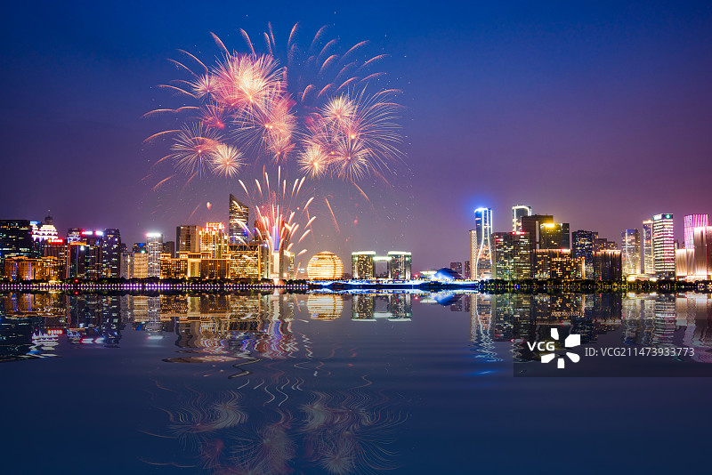 杭州城市夜景烟花图片素材