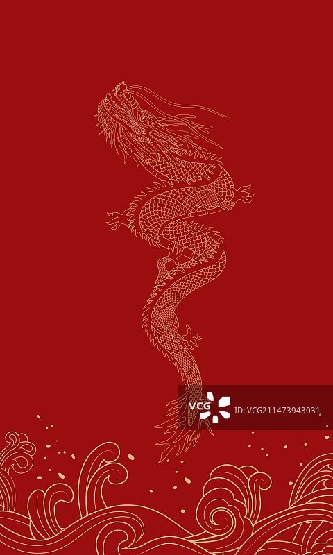 中国龙抬头腾飞线条插画红色背景图片素材