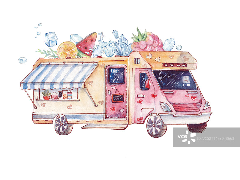 水彩手绘白色背景下自动售卖冷饮售车服务站便利店店铺插画图片素材