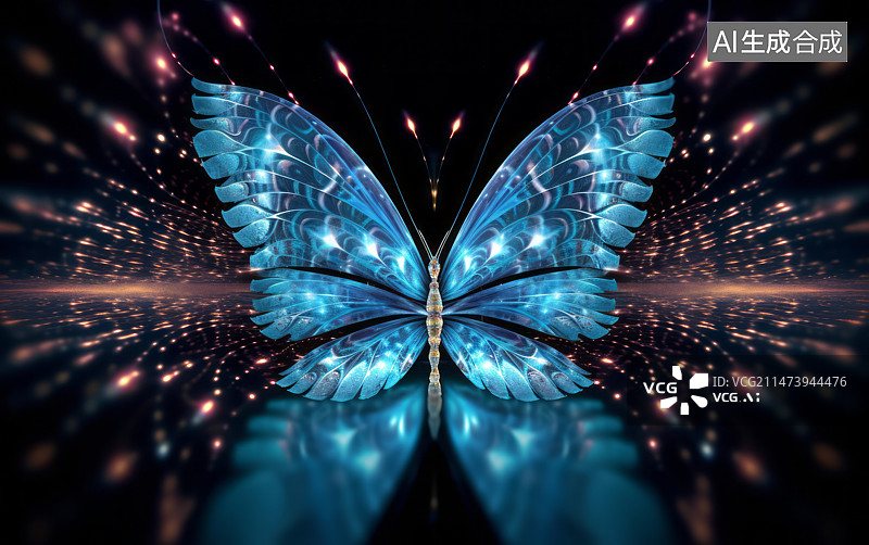 【AI数字艺术】蓝色发光蝴蝶抽象科技背景图片素材