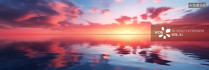 【AI数字艺术】日出日落火烧云天空与水面倒影背景图片素材