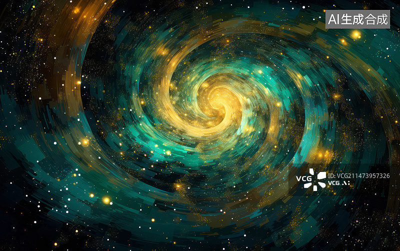【AI数字艺术】黄色与绿色漩涡状螺旋星系星云抽象背景图片素材