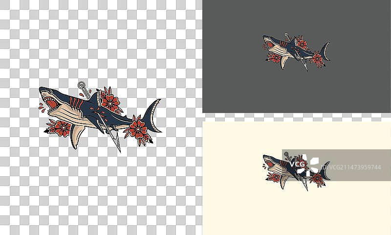 带有鲜花的愤怒鲨鱼扁平设计图片素材