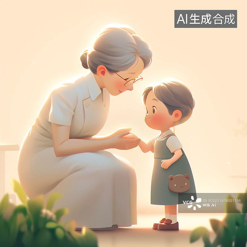 【AI数字艺术】一位老年女医生在给小女孩看诊插画图片素材