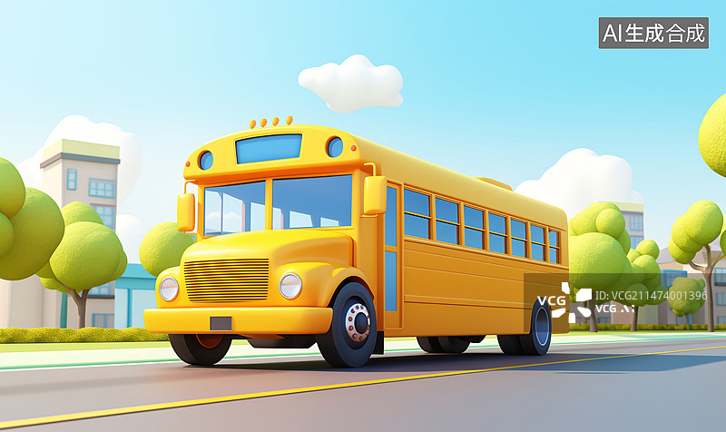 【AI数字艺术】公路上行驶着一辆黄色的校车3D教育插画图片素材