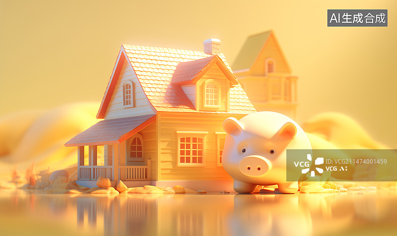 【AI数字艺术】一只金猪站在房子前金融商务房产存储3D插画图片素材