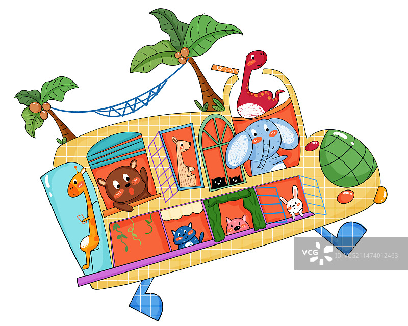 儿童动物巴士手绘插画图片素材