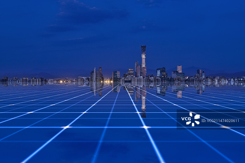 北京CBD地标建筑水中倒影科技感地面图片素材