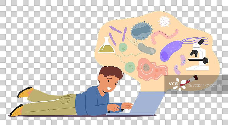 对线上生物课程着迷的好奇儿童图片素材