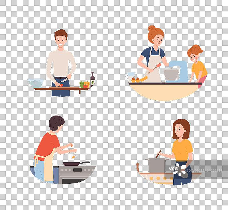 在家烹饪的卡通家庭图片素材
