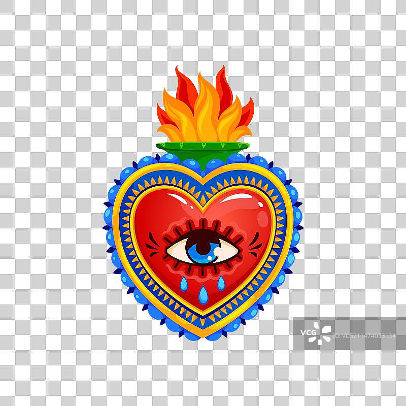 燃烧火焰和哭泣眼睛的墨西哥圣心图片素材