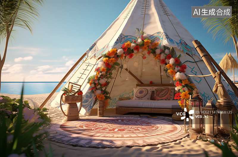 【AI数字艺术】海滩上的帐篷图片素材