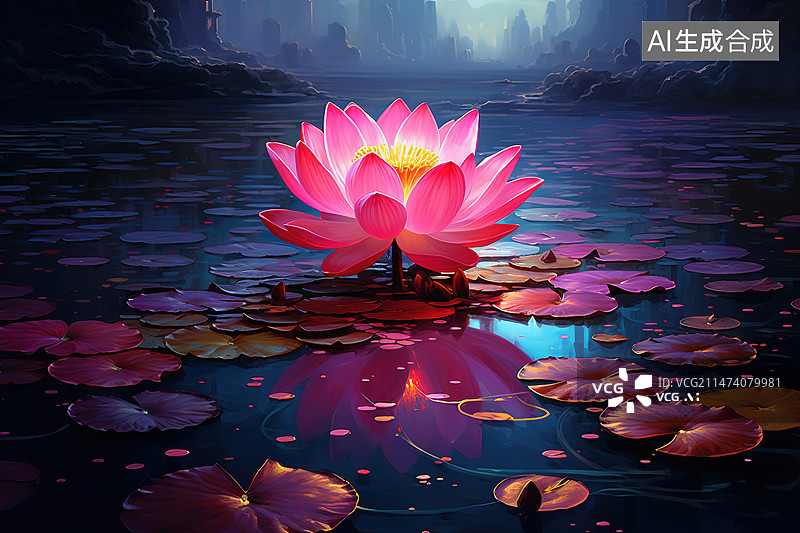 【AI数字艺术】湖中粉红色睡莲的特写镜头图片素材