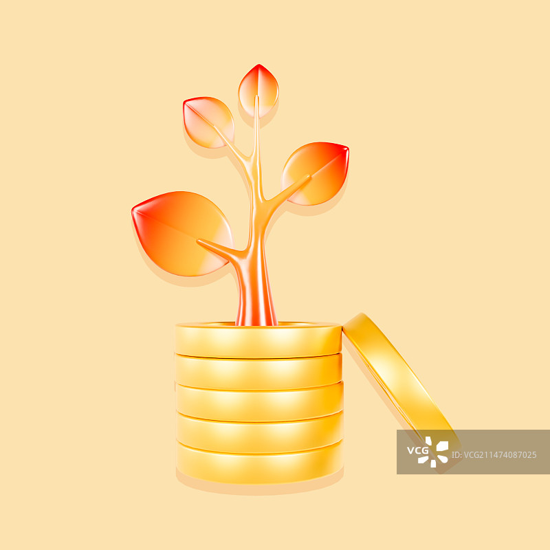 3D渲染的红金色渐变金融理财手机金币数据分析发财树元素插画图片素材