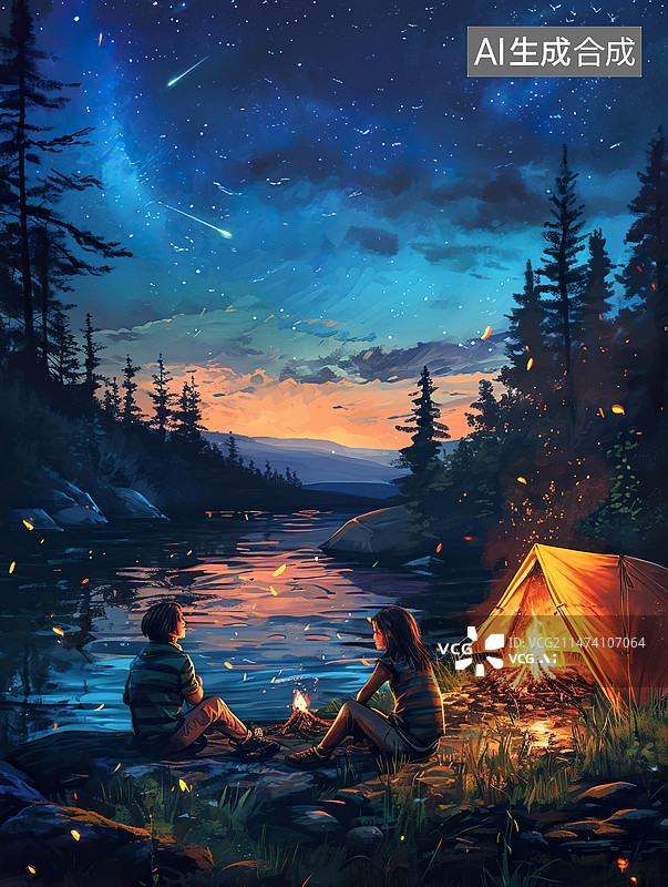 【AI数字艺术】情侣户外野餐露营篝火玩耍插画图片素材
