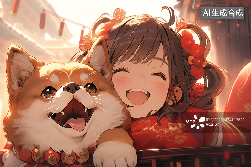【AI数字艺术】新年氛围节日服装的女孩和小狗动画风格图片素材