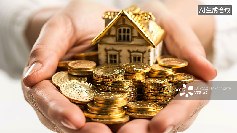 【AI数字艺术】手心里捧着金币和房子图片素材