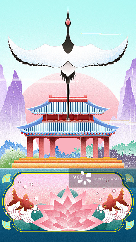 手绘国风插画建筑仙鹤山水图片素材