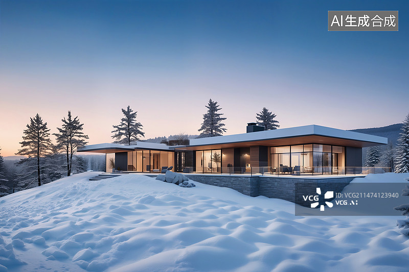 【AI数字艺术】冬季森林建筑场景图片素材