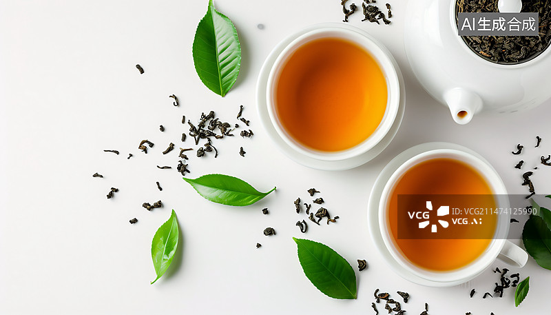 【AI数字艺术】新鲜的绿茶和茶叶俯视图，中国春茶文化概念插图图片素材
