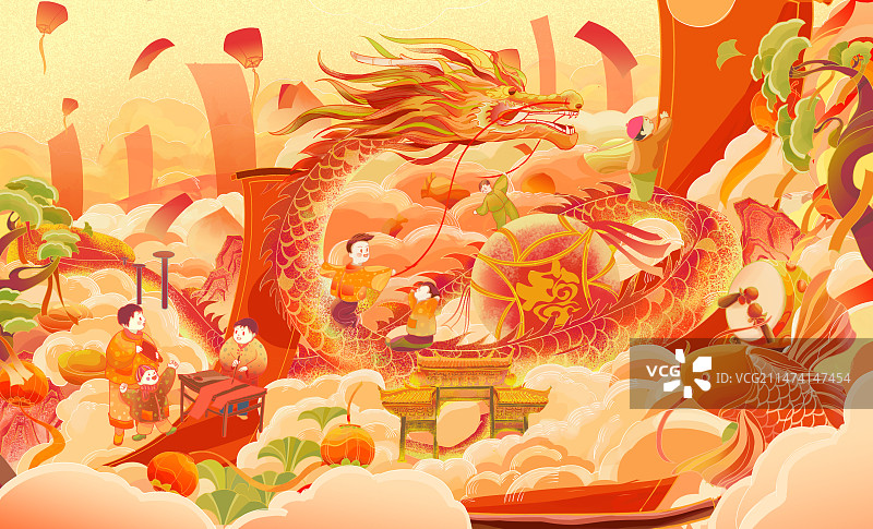 国潮风春节场景插画龙对联图片素材
