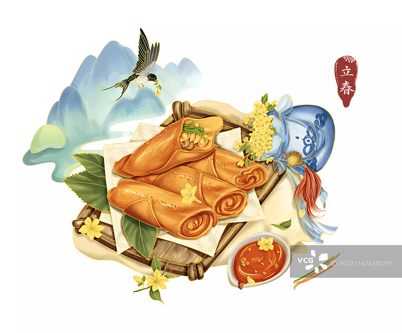 立春节气美食插画迎春花图片素材