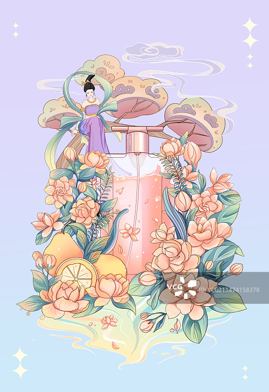 新中式山茶花古风香水清新包装插画图片素材