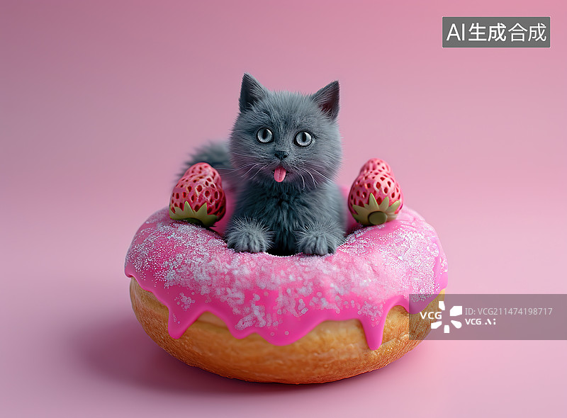【AI数字艺术】粉红色背景下的甜甜圈和小猫的肖像图片素材
