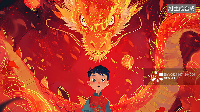 【AI数字艺术】红色喜庆中国龙与卡通男孩正面插画图片素材